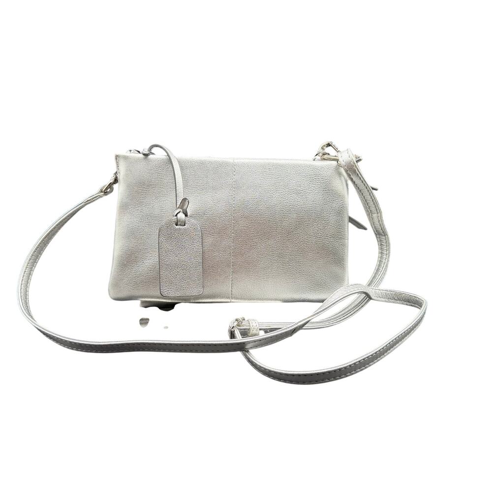 ili New York Silver Leather Crossbody Wallet Clutch Metallic Bag
